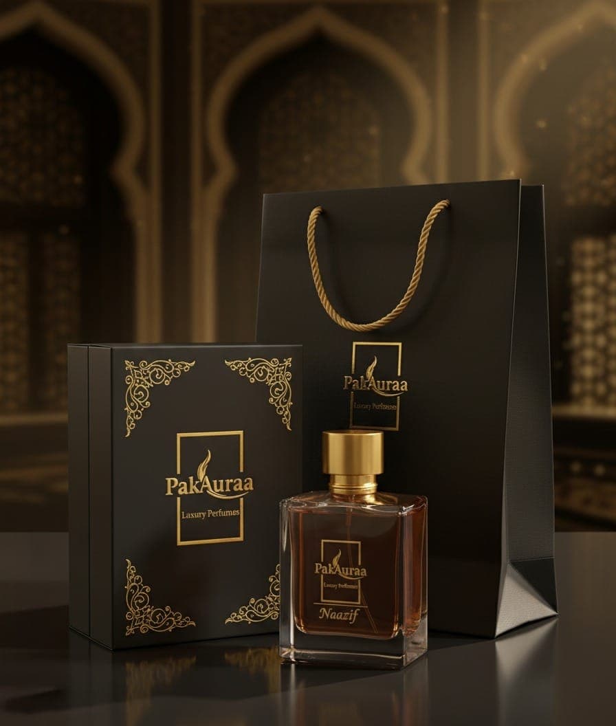 PakAuraa Luxury Packaging — Matte Black Box, Crystal Bottle, Shopping Bag